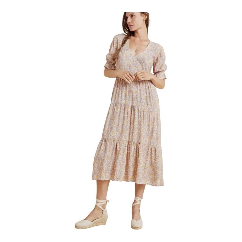 Faithfull The Brand La Falaise Midi Dress Pastel Floral Tiered V-Neck Size 6